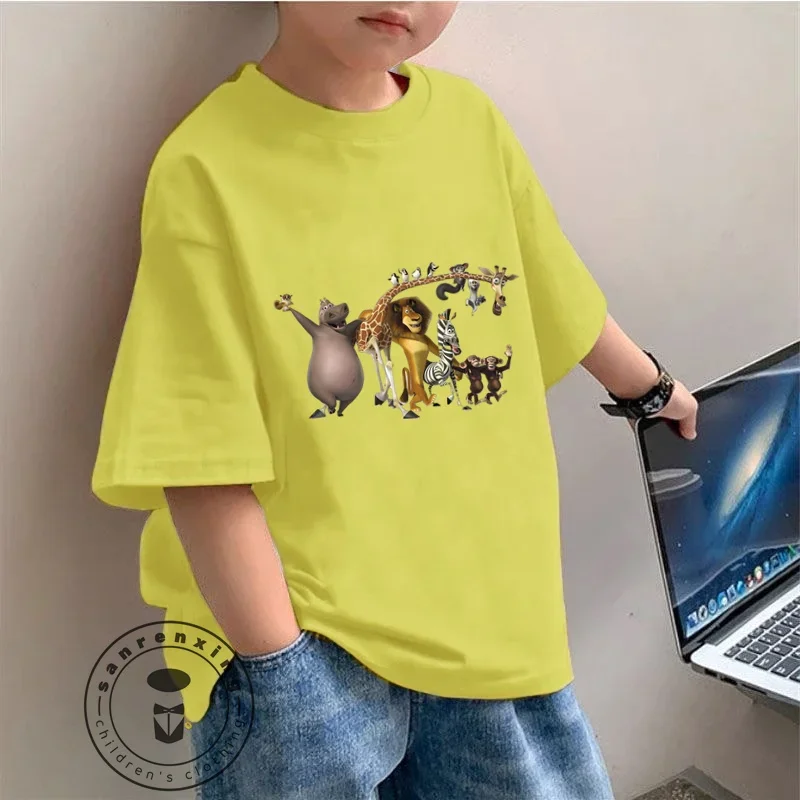 Cute Kids T-Shirt Lightweight Summer Tee Madagascar Cartoon Design Fashion Soft Breathable for Students Casual Sports Versatile