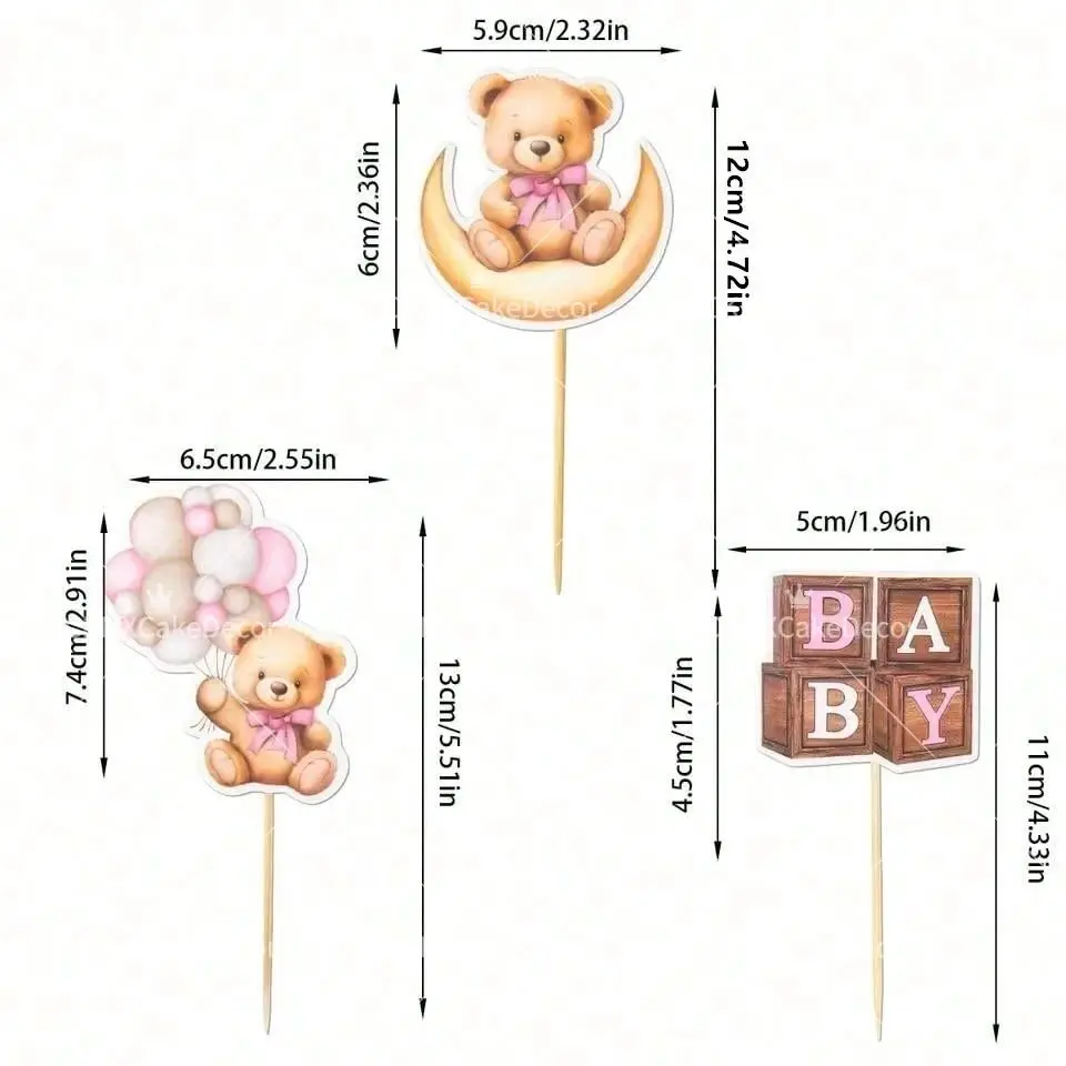 12pcs/24pcs Teddy Bear Cupcake Toppers BABY Block Balloon Cake Picks for BabyShower Gender Reveal Birthday Party Decorations - view 5