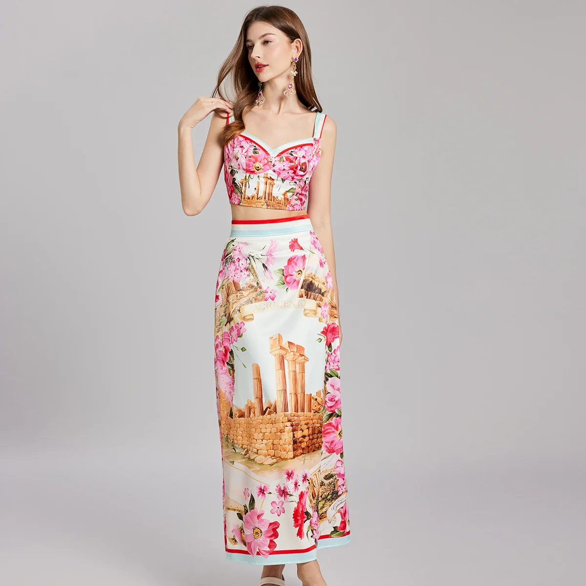 Summer print splicing three-dimensional strapless sling+skirt two-piece set with chest cushion summer dress for women