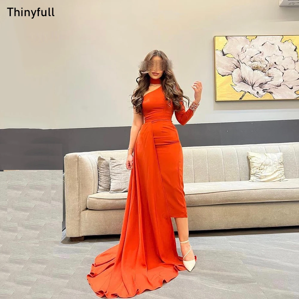 

Thinyfull Saudi Arabia Mermaid Prom Dresses One Shoulder Evening Party Events Dress Tea-Length Beading Formal Occasion Gown