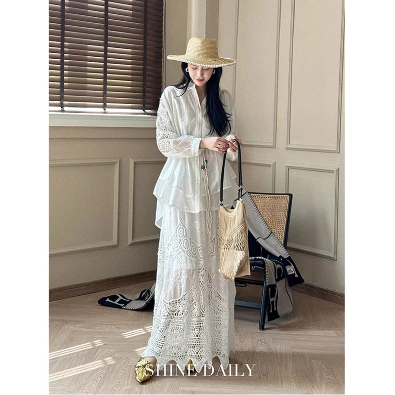 Nowa Kolekcja Lato 2025 Damskie Spódnice Luźne Codzienne Z Wysokim Stanem Kwiatowe Wycięcia Trapezowe Dobra Jakość Koronkowa Spódnica Do Kostek T151