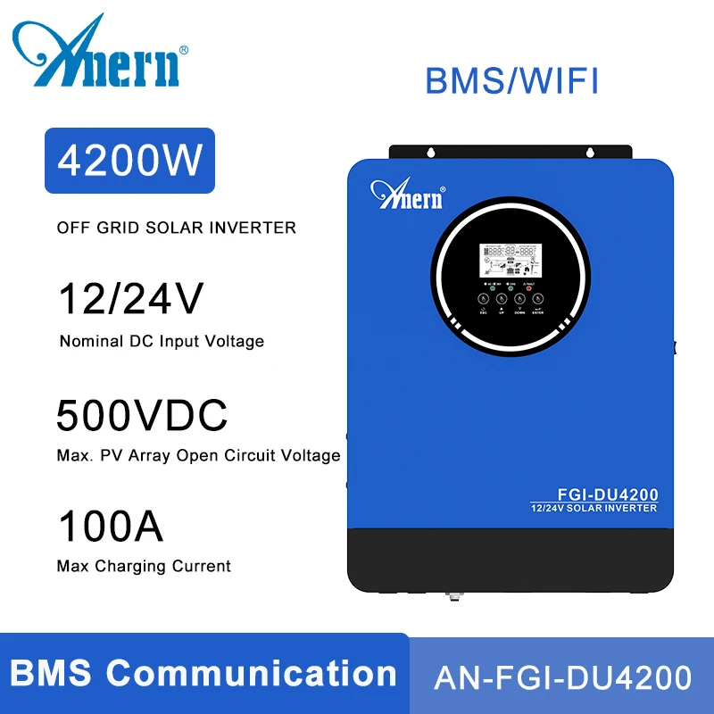 

Anern 4200W 24V Solar Hybrid Inverters 4.2KW Off Grid inverter Pure Sine Wave 100A MPPT Solar Charger Max PV 500Vdc BMS