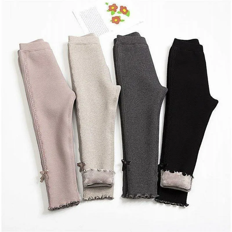 2024 Winter Children Girls Warm Leggings Plus Velvet Thicken Bow Toddler Baby Girl Pants Soft Cotton Lace 1-6Y Girls Tight Pants