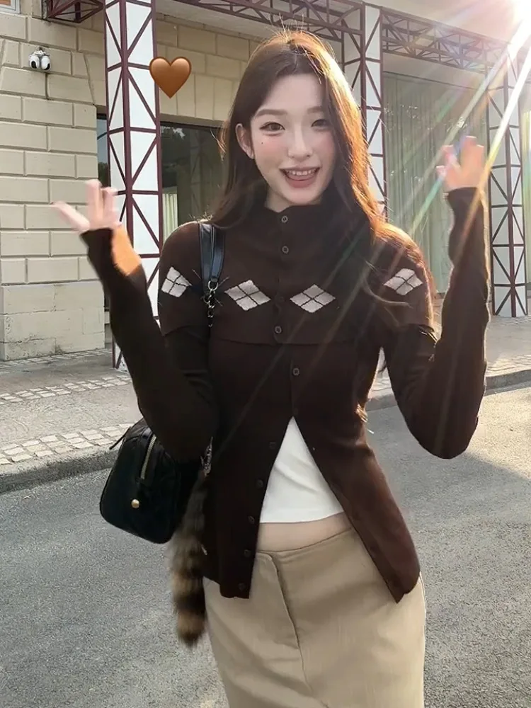 한국 슬레 다이아몬드 아이디 스웨터 투피스 세트 여성용 가을 겨울 신상 고급스러운 레이어링 롱 스웨터 탑