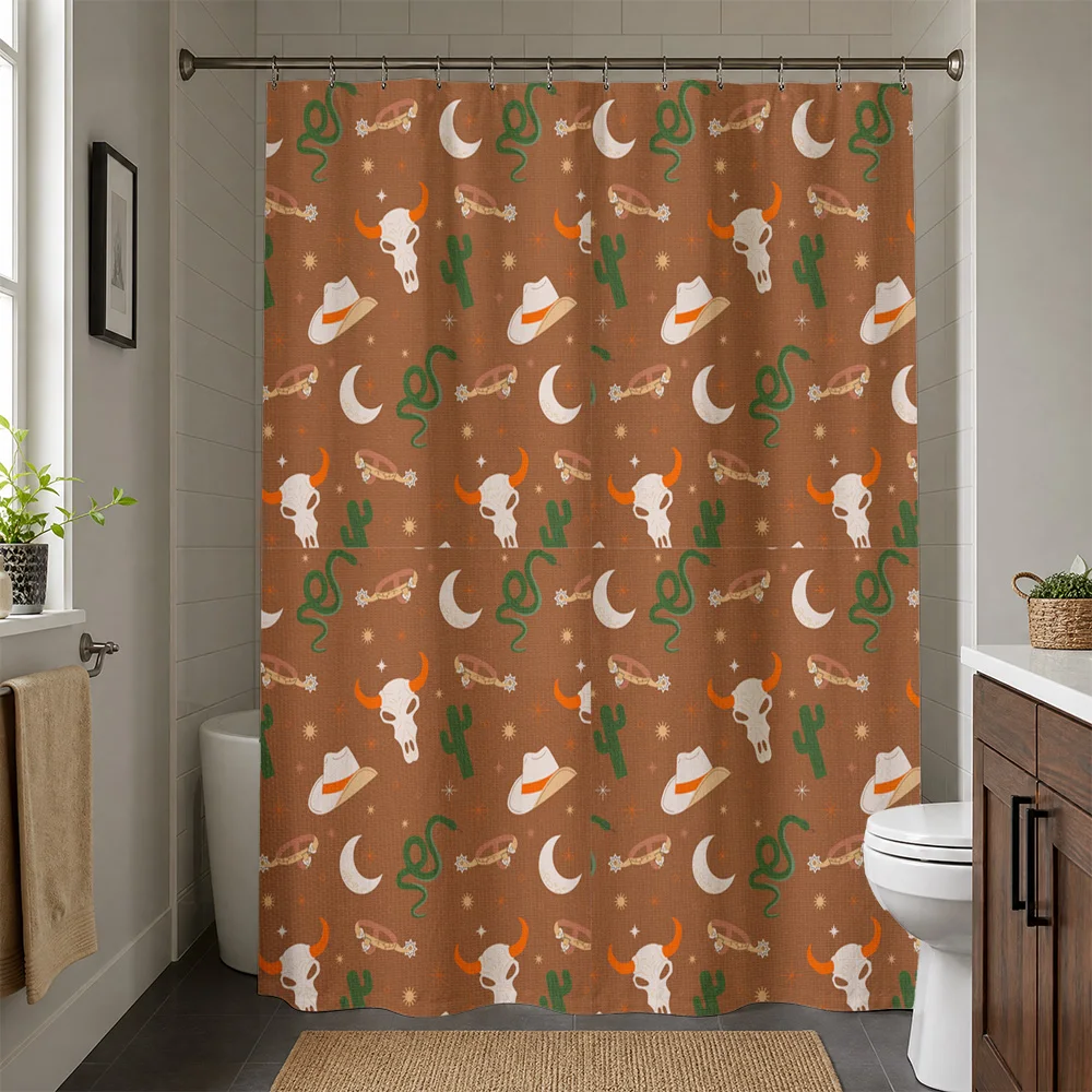 Boho Skull Pattern Shower Curtain Waterproof Bathroom Decor Liner Featuring Skeleton Cactus Moon and Desert Vibes for Modern Sou