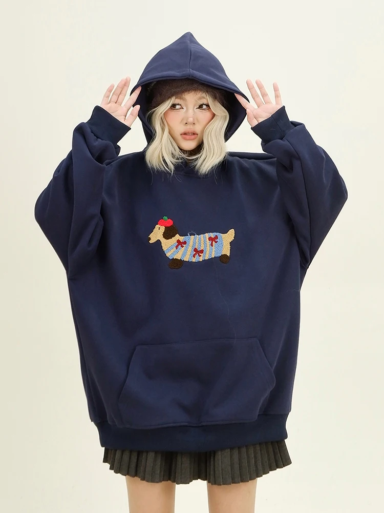 Women Sweatshirt Streetwear Couples Tops Casual Loose Hoodie Autumn Winter Cartoon Dog Embroidery Hooded Pullover