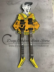 Double Neck Electric Guitar Yellow Body  Portrait plaid shirt High quality bridge cheap trick inlay rosewood Factory Custom