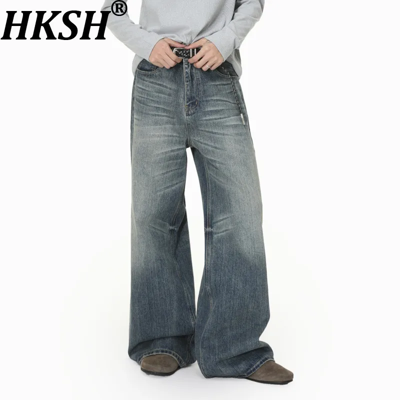 HKSH Spring Summer New Men Tide American Vibe Pattern Drapey Floor-length Casual Washed Denim Pants Trend Chic Ins Jeans HK21709