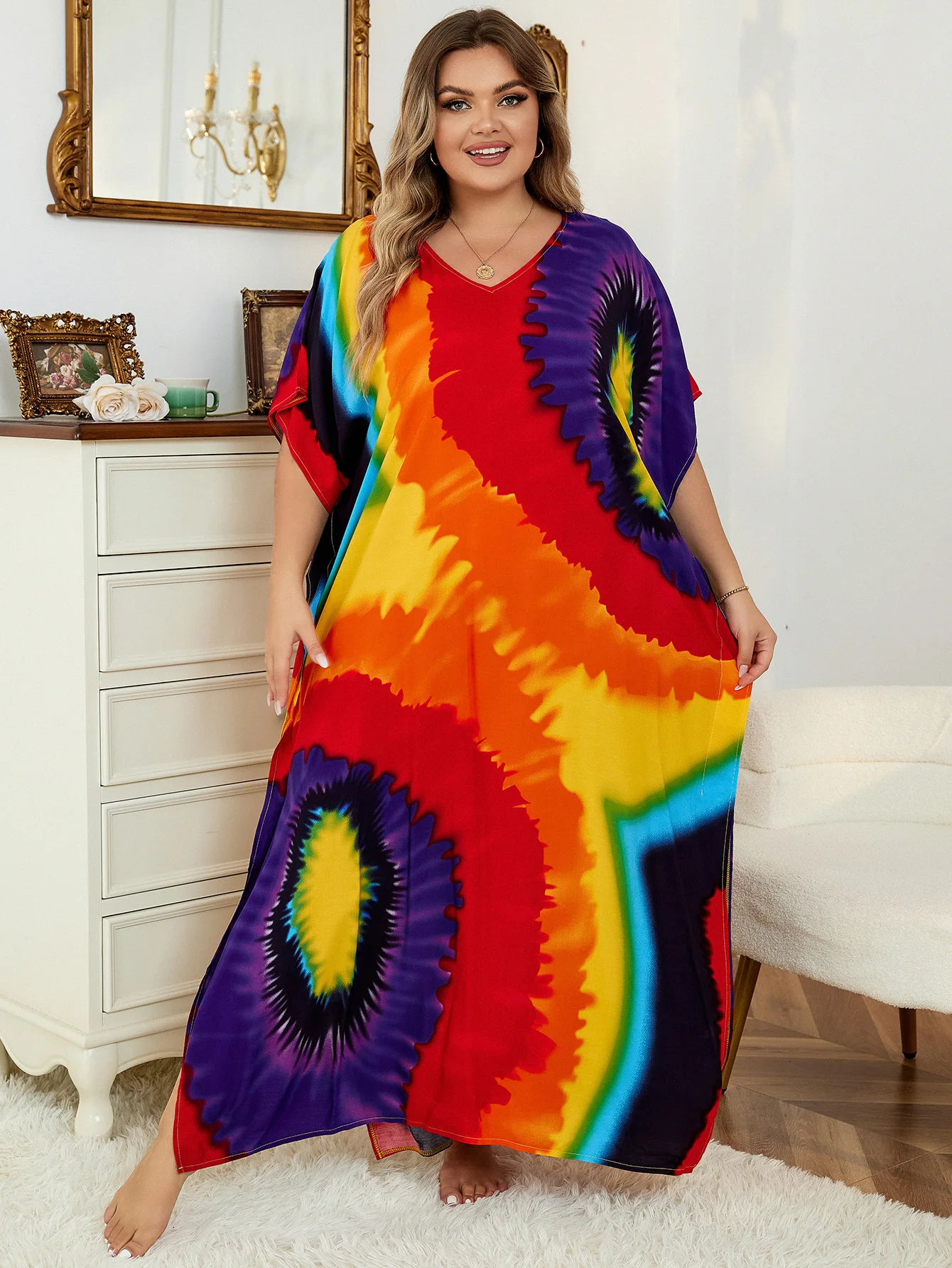 Odzież Plus Size Kobiety Kaftan Plus Size Poliester Letnia Kaftan Cover Ups Maxi House Dress