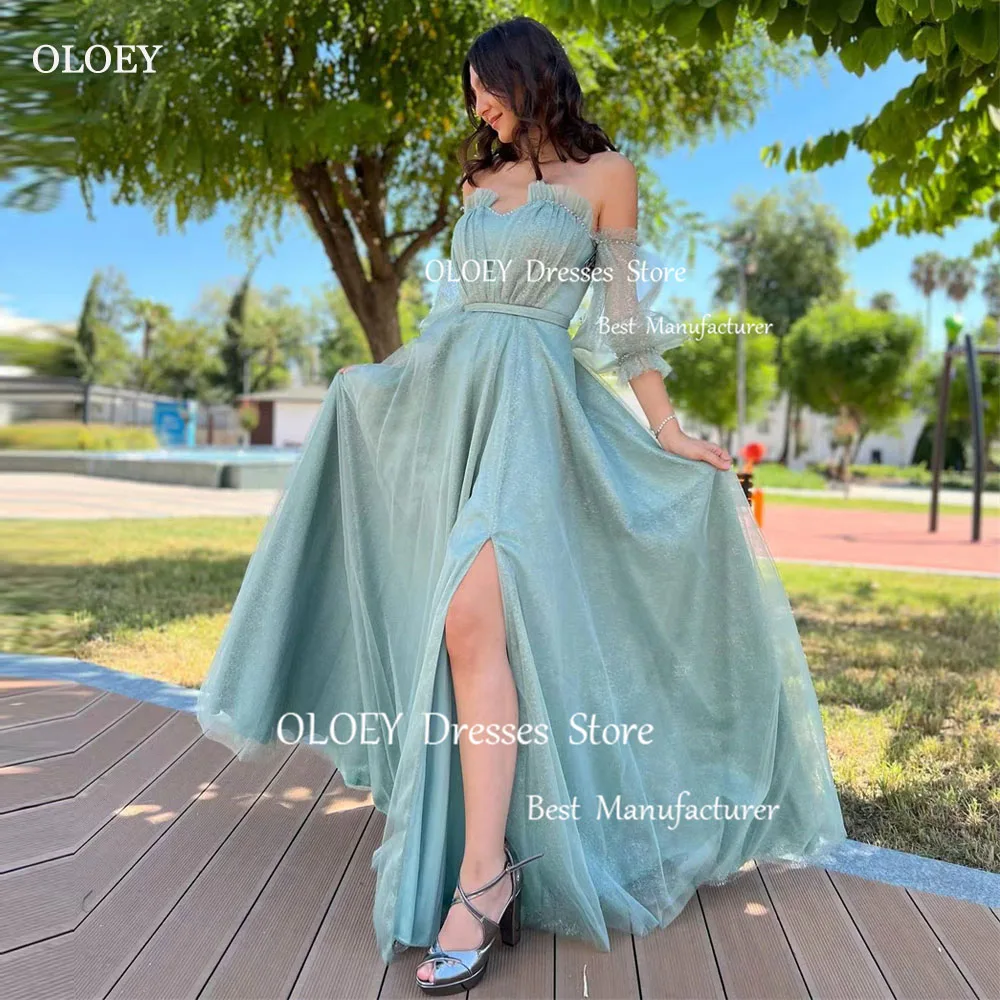 

OLOEY Exquisite Asymmetrical Shiny Tulle Beading Ruched Evening Gown Dress Strapless Side High Slit Sweep Train Prom Gowns