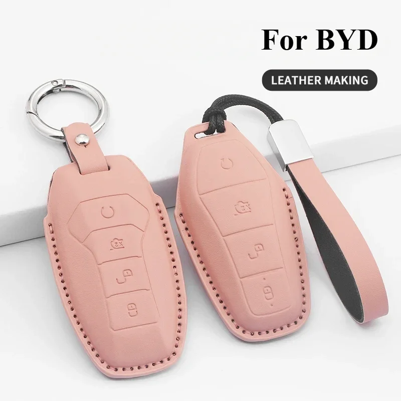 

4 Buttons For BYD PU Leather Car Key Case Cover Shell Atto 3 Han EV Dolphin Keyless Holder Fob Protector Keychain Accessories