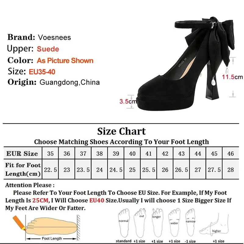 جديد أزياء النساء مضخات الجلد المدبوغ الأسود 11.5 سنتيمتر سوبر أحذية عالية الكعب كلمة واحدة حزام Bowknot مع اللؤلؤ الفم الضحلة حذا فردي للسيدات
