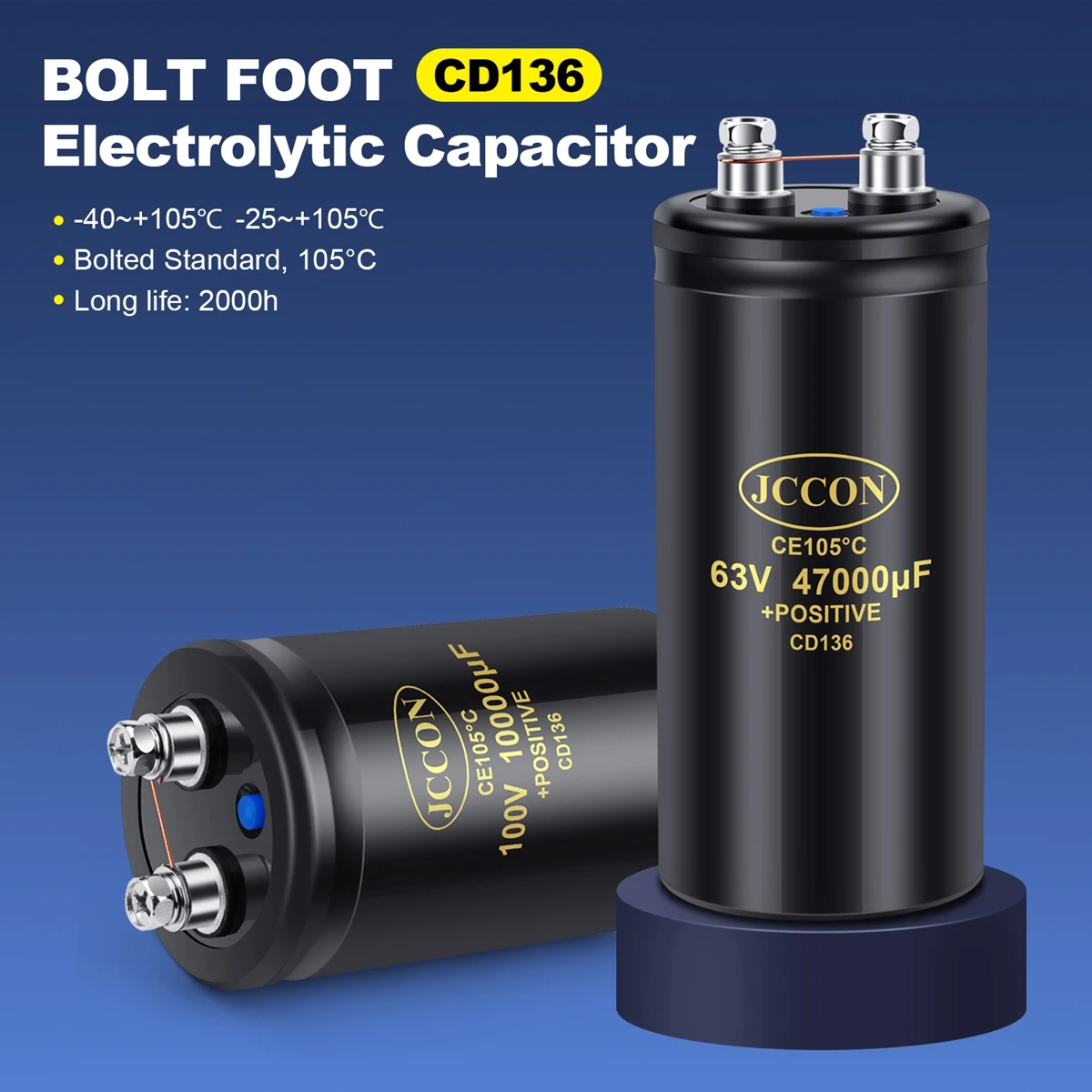 JCCON Bolt Electrolytic Capacitor 250V2200UF 50x80mm CD136 Screw Capacitors CE105℃ Original &Brand New With Bracket 2000Hours