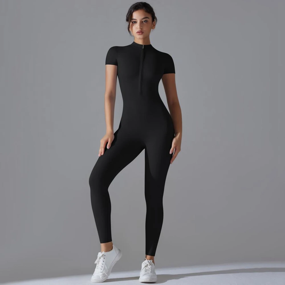 

Womens Jumpsuits Short Sleeve Yoga Slim Fit Stretch One Piece Romper Sexy Fitness Female Basic Sportwears Black Zipper Ladies