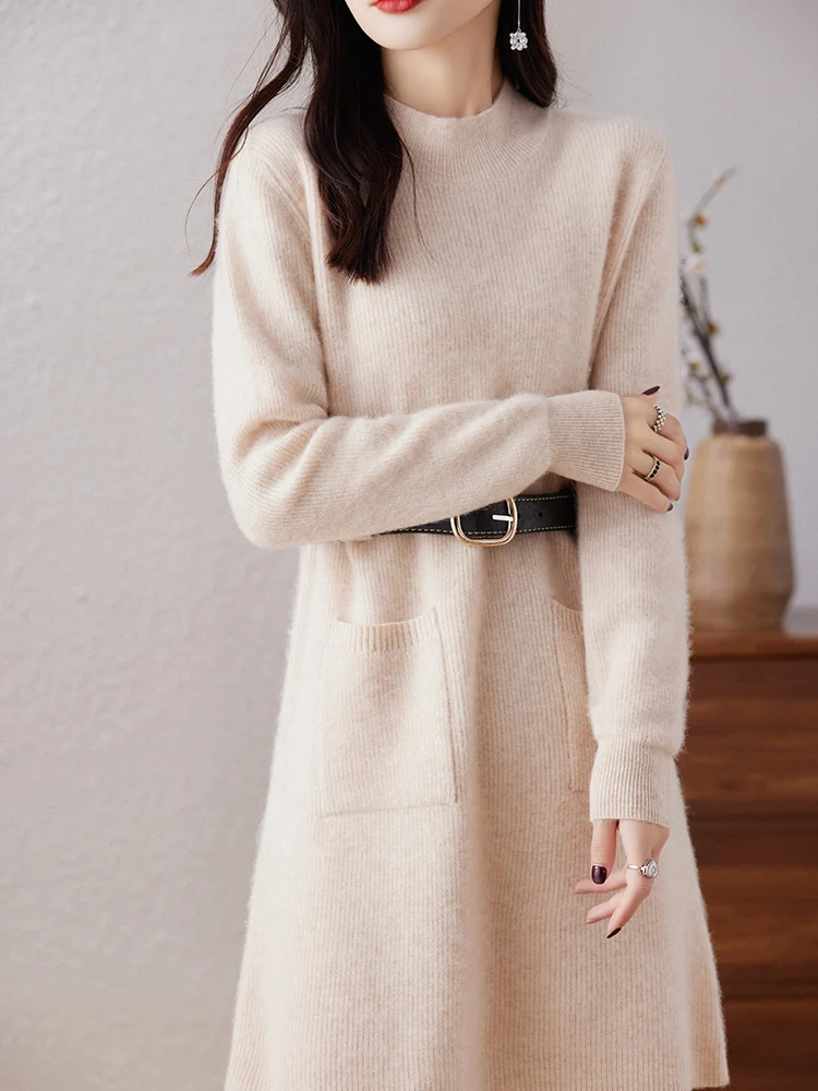 100% Pure Wool Cashmere Dress Women\'s Half High Collar Pullover Fashion Knitted Long Top 2023 Autumn/Winter Warm Skirt Korean