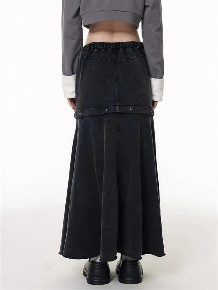 Women‘s Detachable Design Loose Cargo Denim Skirt Multiple Pockets Elastic Waist Drawstring Female Black Gray A-line Long Skirt