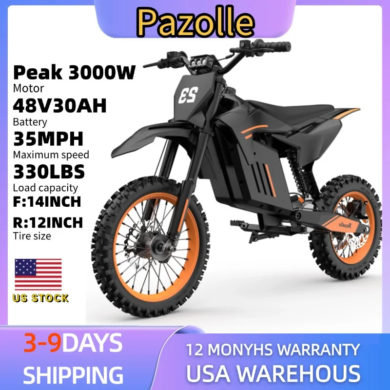 

Pazolle 3000W Electric Dirt Bike for Adults 35MPH 48V 30AH All-Terrain Tires Electric-Motorcycle Hydraulic Brakes F14" & R12"