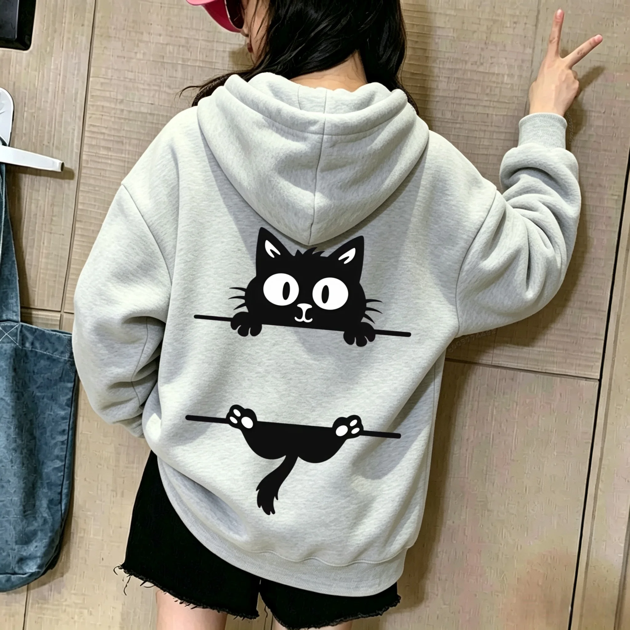 Cute pendant black cat double-sided printed children's hooded sweatshirt for boys and girls, casual street style pullover shirt