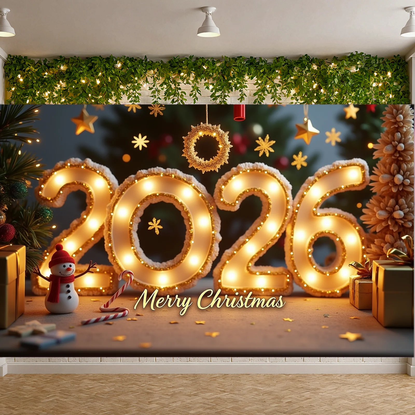 2026 عيد الميلاد السنة الجديدة راية الذهب تضيء ديكور خلفية الشريط الأحمر عطلة الديكور السنة الجديدة حفلة داخلي الجدار الشنق #3