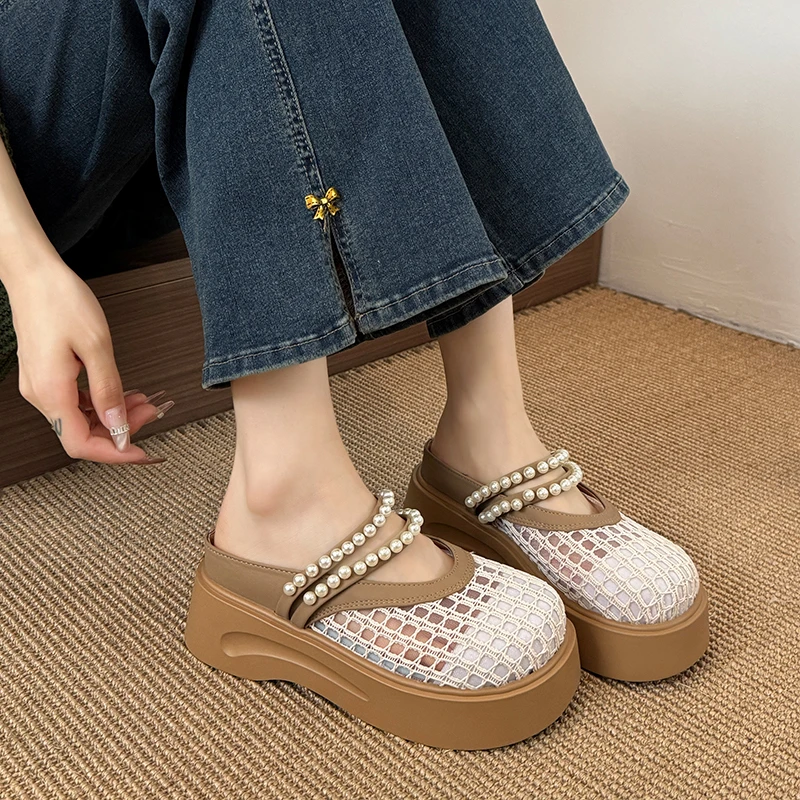 

Women Woven Mesh Hollow Mules Slides Round Toe Pearl Strap Platform Wedge Slip On Casual Summer Open Back Sandals Slippers Shoes