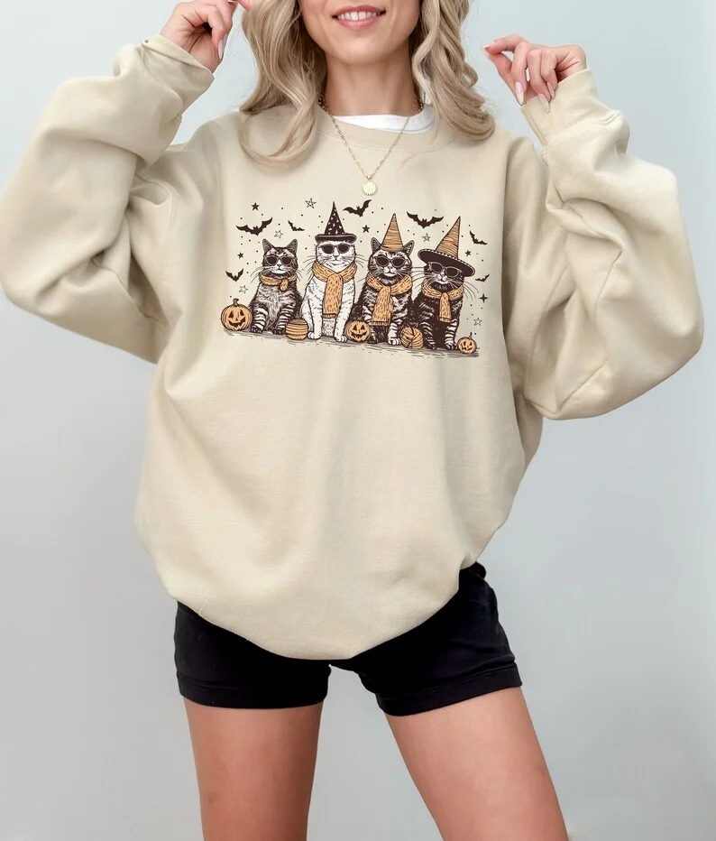 

2025 Hot Cat Halloween Sweatshirt, Halloween Gifts, Gift for Her, Cat Mom Sweatshirt,Halloween Cute Gift, Gift for Daughter