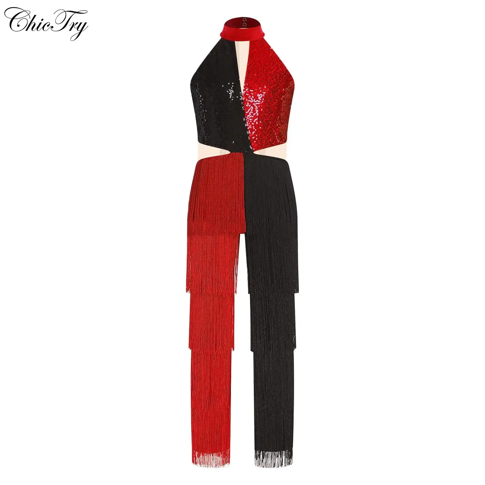 Girls Sequin 70s Disco Jazz Jumpsuit Fringe Long Pants Latin Contrast Color Tassel Bodysuit for Latin Prom Dance Performance