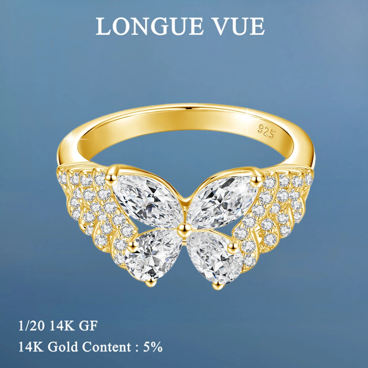 

Real 14K Gold Filled Ring Sparkling Butterfly Moissanite Rings For Women Wedding Party Jewelry Dainty Birthday Gift Colorfast