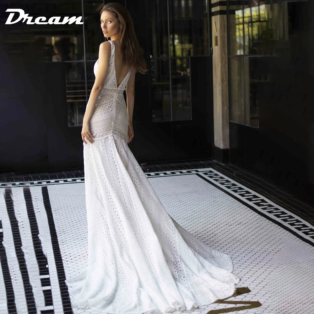 DREAM Customized Elegant Long Deep V Neck Boho Mermaid Bridal Dress 2024 Open Back Sleeveless Lace Beach Wedding Gowns