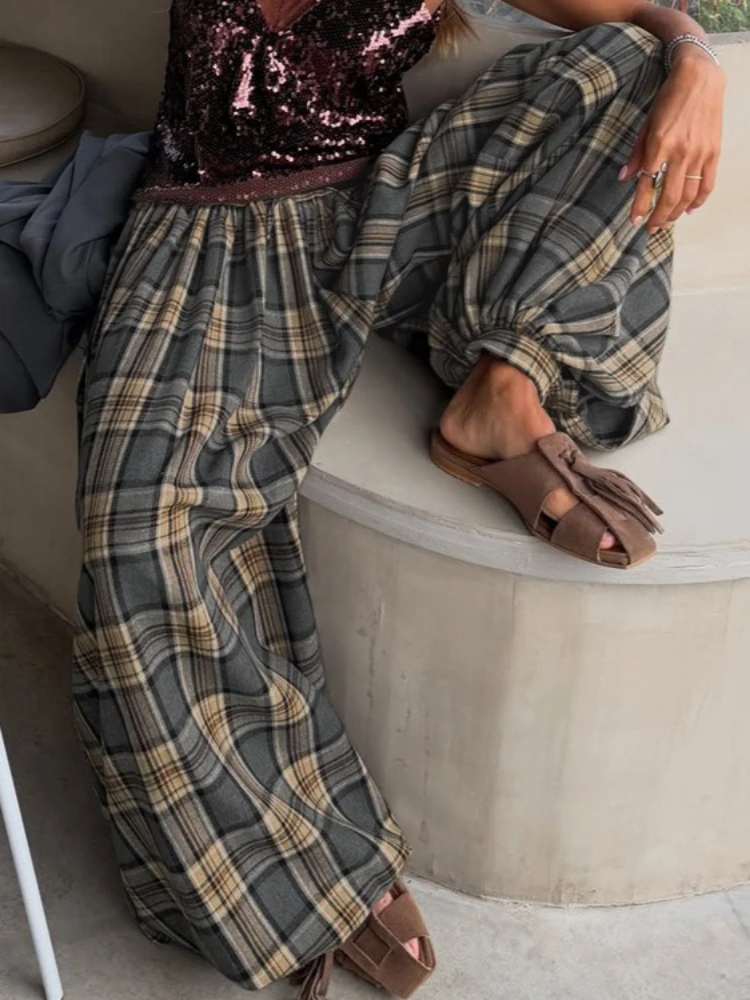 

Foamlina Vintage Plaid Print Casual Pants Drawstring Elastic Waist Loose Joggers Trousers Women Retro Style All Match Long Pants