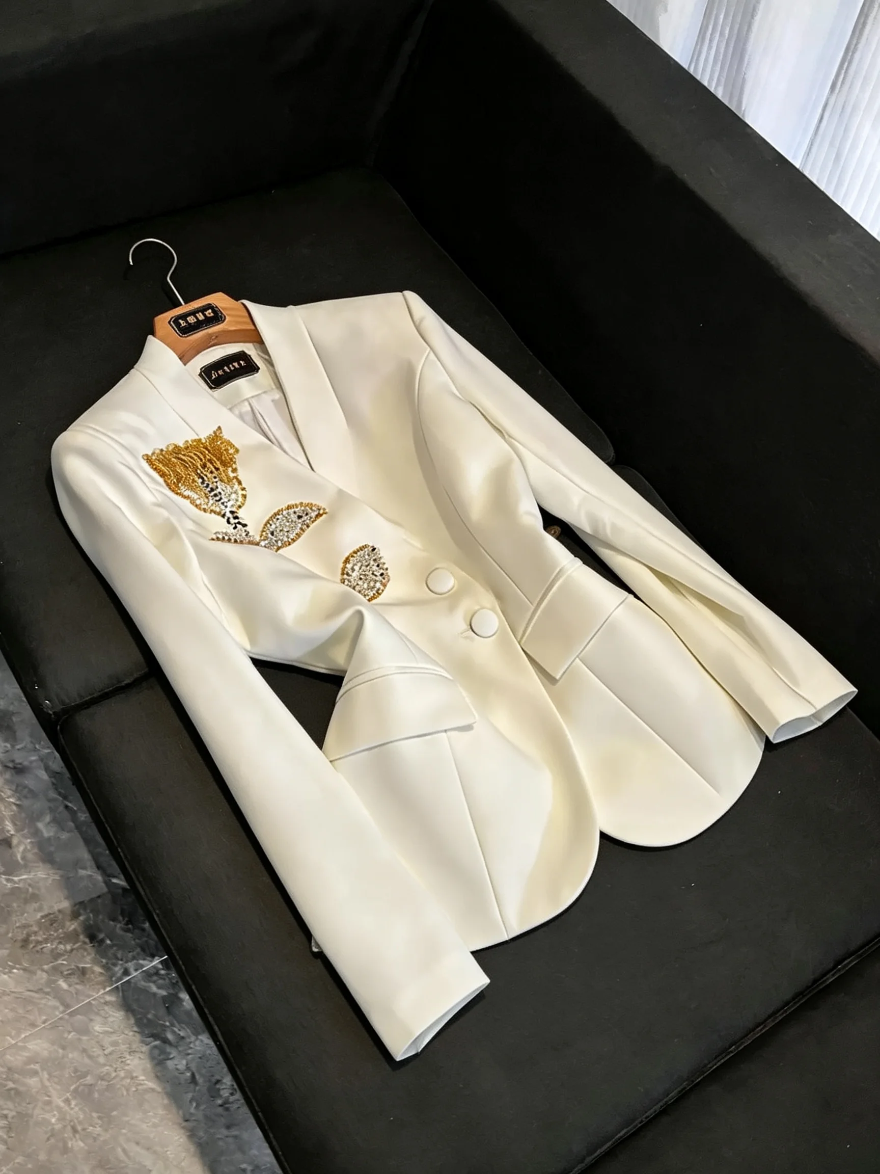 Heavy Embellished White Long Sleeve Women's Suit Commute Style Slim Fit Luxury Outerwear Professional Career Women's Jacket