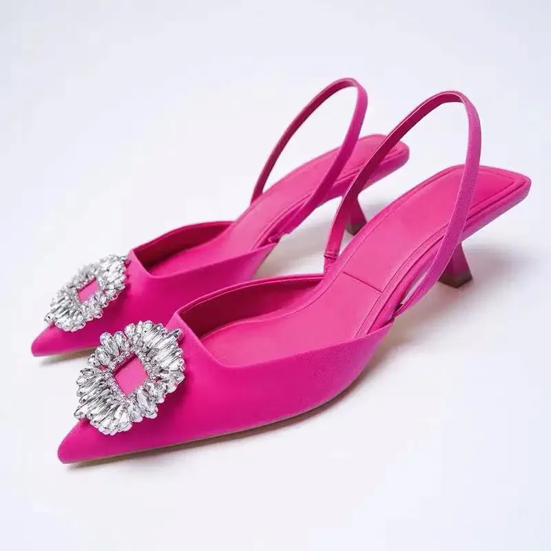 

Women's Shoes 2024 Summer New Rhinestone Buckle Red Pointed Toe Toe Cap Stiletto Sandals High Heel Muller Pumps Women