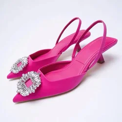 Women's Shoes 2024 Summer New Rhinestone Buckle Red Pointed Toe Toe Cap Stiletto Sandals High Heel Muller Pumps Women