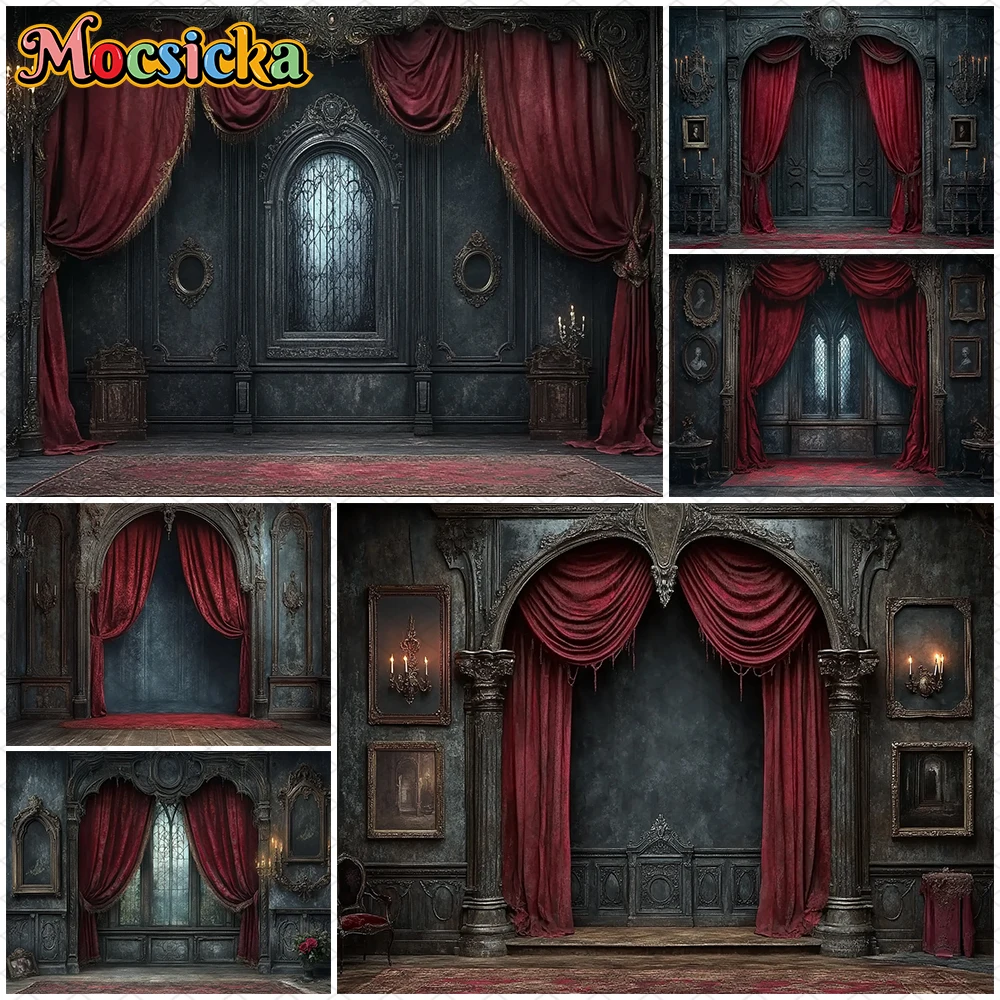 Mocsicka Photography Background Retro Gray Castle Red Curtain Pattern Wallpaper Decoration Birthday Party Backdrop Studio Banner