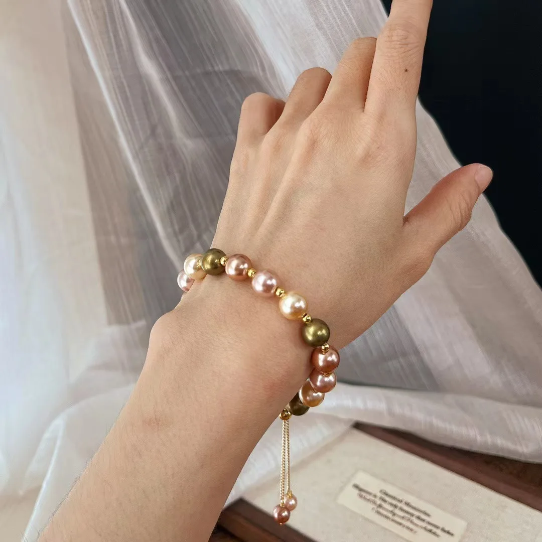 Vintage Iridescent Shell Faux Pearl Bracelet, High-End Jewelry with Rainbow Aurora Shimmer, Elegant Stretch Hand Chain for Women