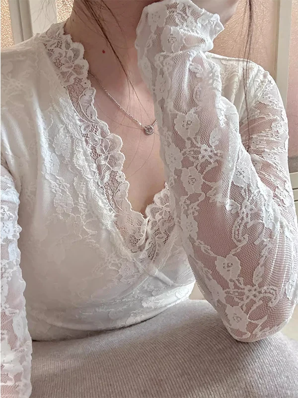 Top de punto con empalme de encaje blanco V-Ne para mujer, Otoño Invierno, diseño forrado con relleno en el pecho, Base de desgaste interior irt