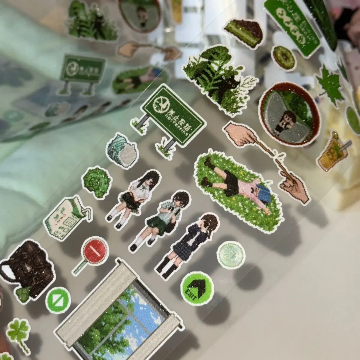Kawaii Retro Y2K Green Summer Showa Pixel Style Die-Cut Sticker Tape for Scrapbooking Journal DIY Phone Case Collage Material