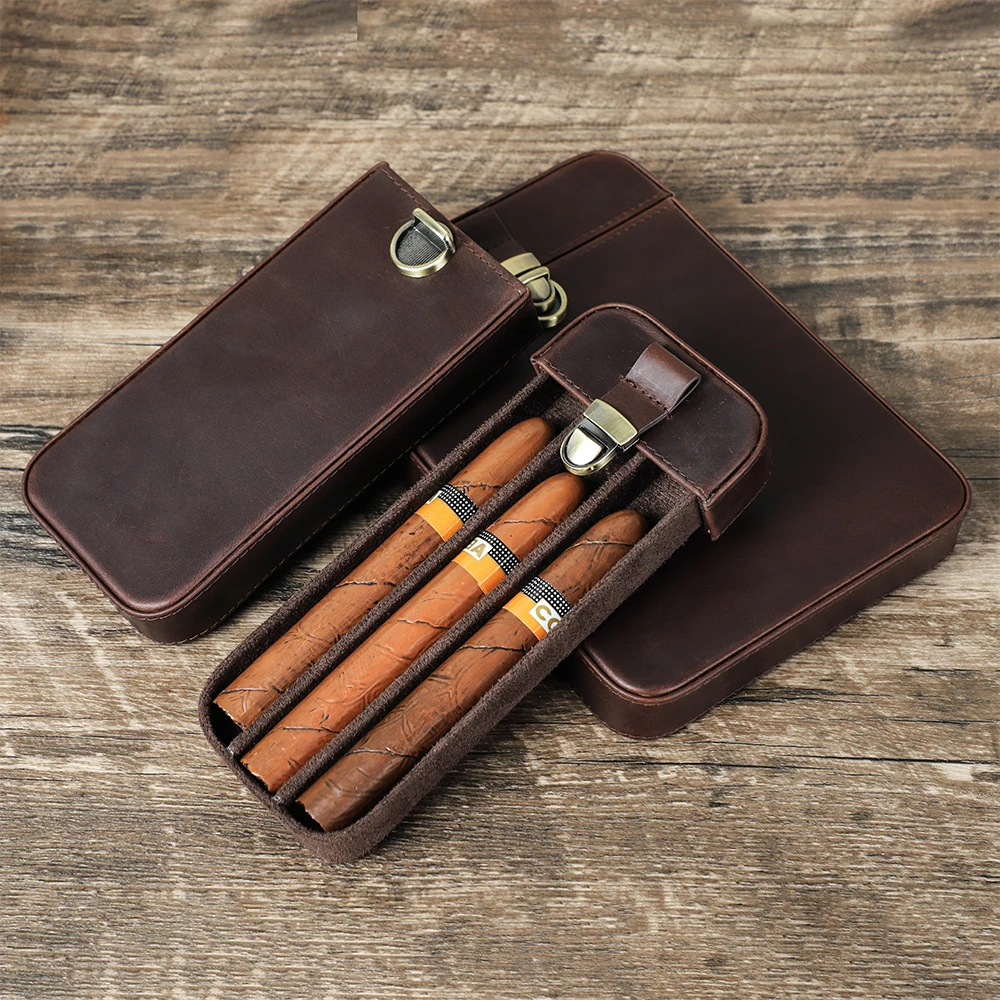Luxury Genuine Leather Portable Cigar Case Holster Travel Humidor 3/6 Holder Cigar Storage Bag Outdoor Vintage Cowhide