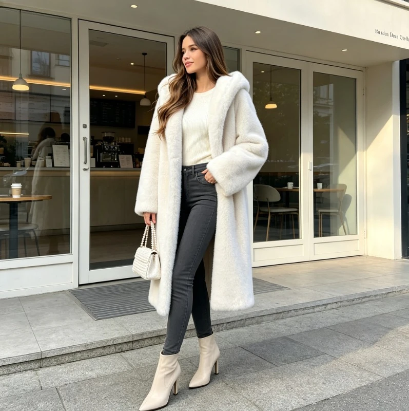 Women Faux Fur Long Coats Hooded Overcoats Lace Up Full Sleeves Open Stitch Thick Loose Jackets Elegant 2026 Autumn Winter