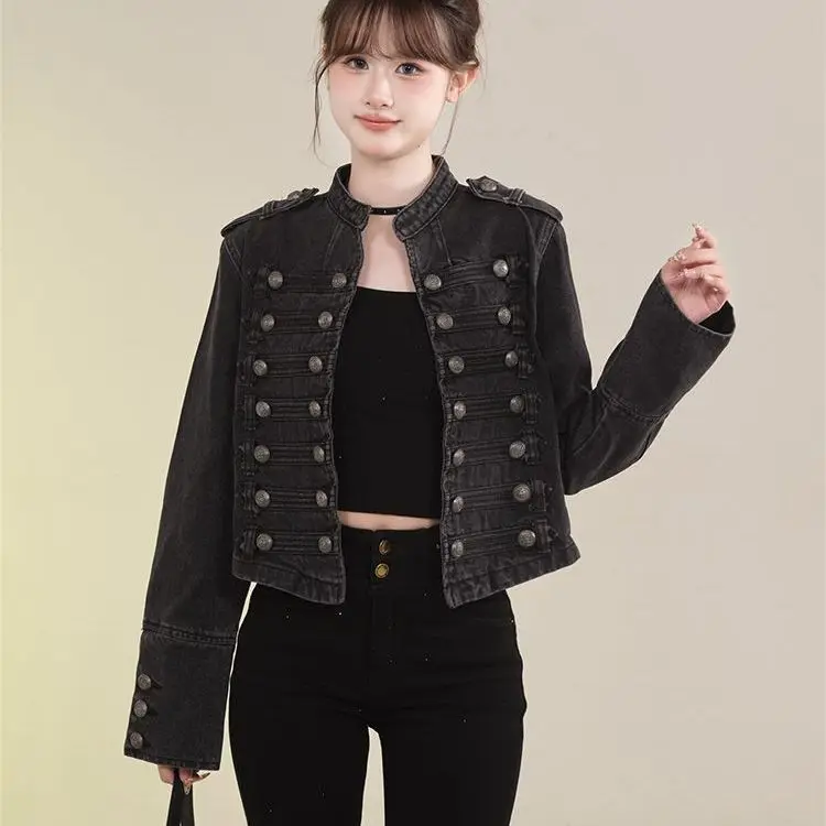 Women's Denim Jacket Short Loose Slimming Retro Military Style Double Row Button Design Casual Top Punk Style Loose Fit