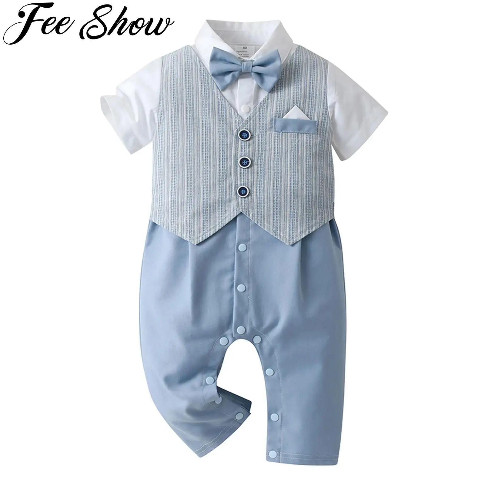 

Baby Boy Gentleman Romper with Bow Tie Short Sleeve Lapel Newborn Tuxedo Jumpsuit Baby Formal Outfits Clothes 3-24Months