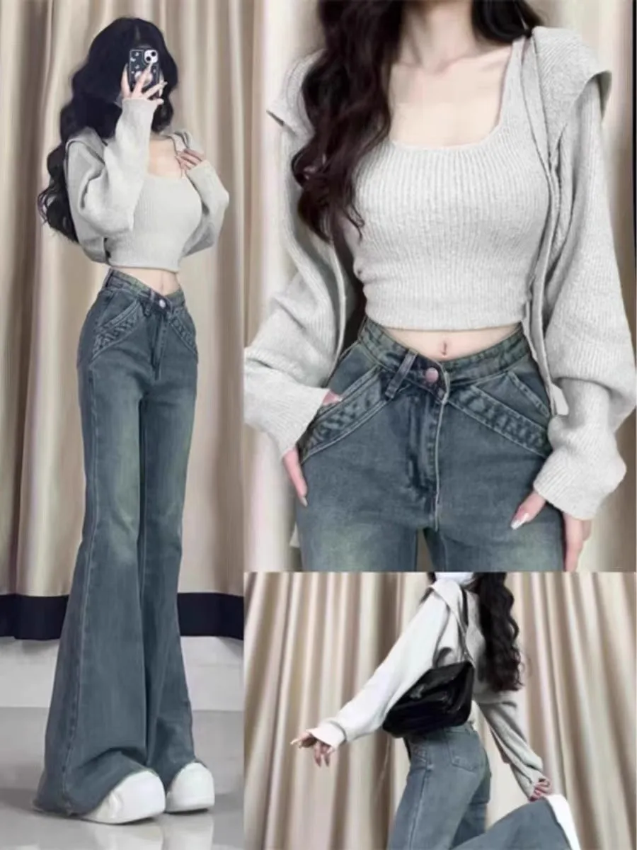 

High Waist Bell Bottom Jeans Women's Autumn Winter New Design plus Size Elastic Slimming Hoof Pants Cotton Stretch Denim
