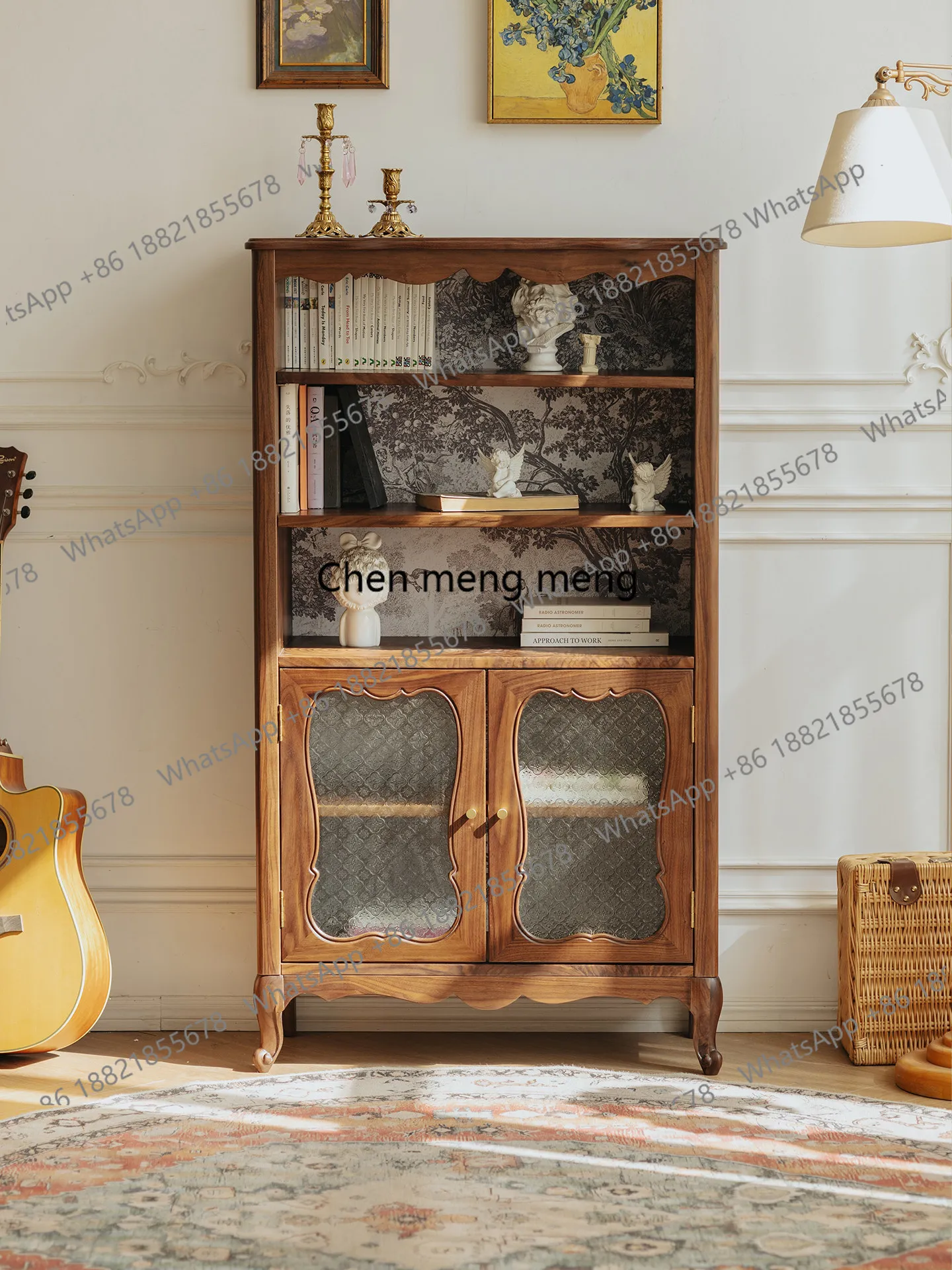 

Solid wood bookcase dustproof North American black walnut retro living room glass door floor combination bookcase