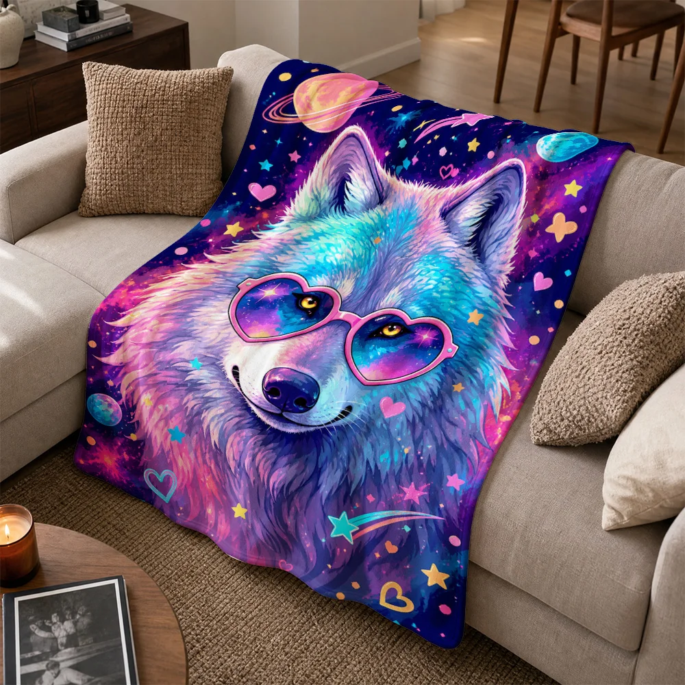 Ultra Soft Galaxy Wolf Throw Blanket Cosmic Space Neon Boho Aesthetic Art Sofa Decor Unique Cozy Gift for Modern Home Decoration