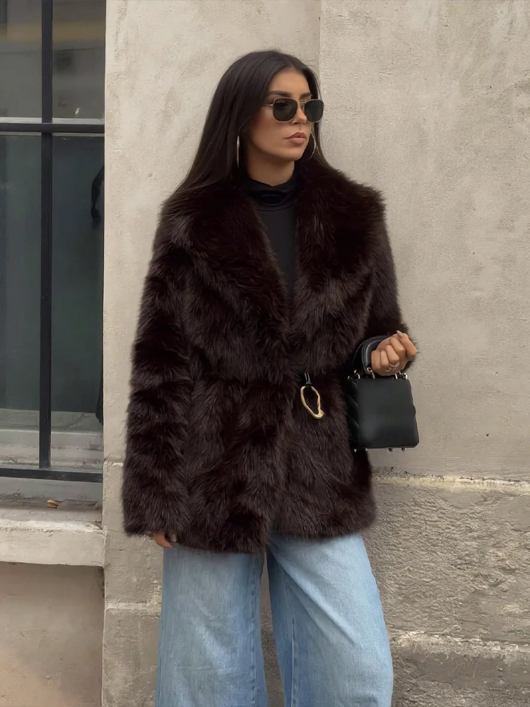 HH Women Fashion Retro Brown Faux Fur Coat Wide Lapel Thick Warm Mid Length Outerwear 2026 Autumn Winter 	Formal Dinner Outfit