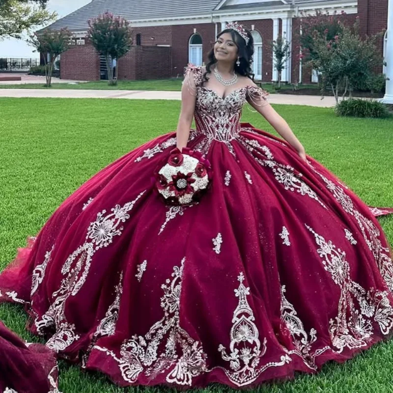 

Shiny Burgundy Dresses off-shoulder Beads Golden Glitter Crystal Decal Lace Long tail Bow Vestido De 15 Quinceanera Customize
