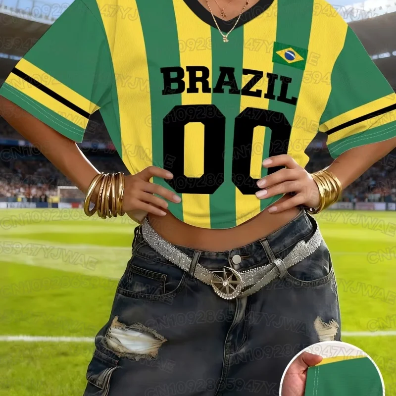 Summer Women Bright Yellow Football Jersey T-Shirt with Brazilian Letter Print V-Neck Short Sleeved Loose Casual Sports Tops