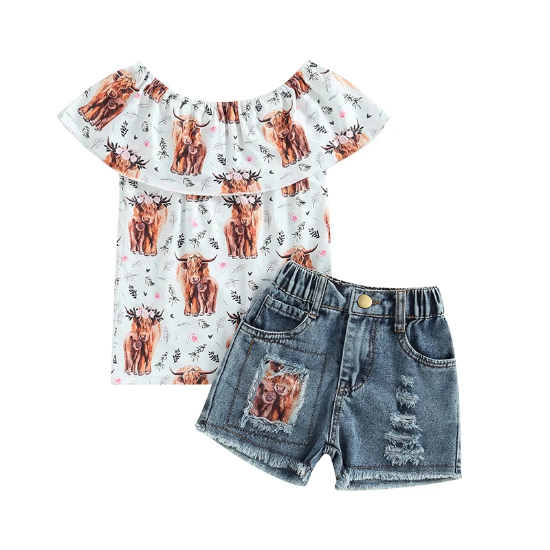 Western Baby Girls Clothes Cow Print Summer Tops and Elastic Ripped Denim Shorts 2 Piece Outfit