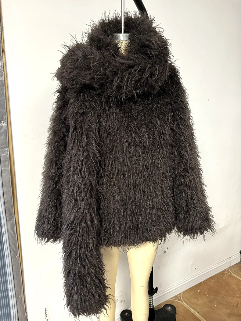Faux Fur Coats Women Solid Fur Jacket Oversize Scarf Round Neck Long Sleeve Open Stitch Thick Warm Fur Casual 2025 Autumn Winter