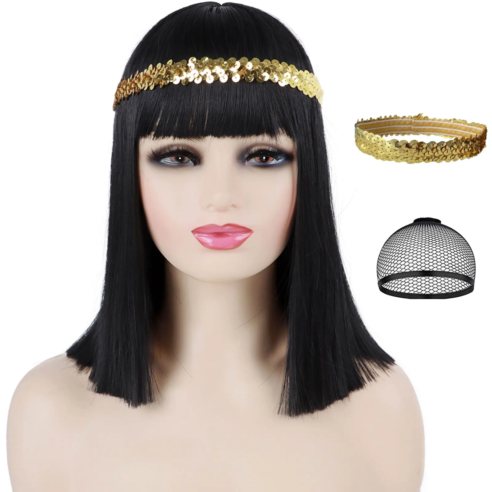 14Inch Synthetic Egypt Queen Cleopatra Wig Short Straight Black Hair with Bangs Halloween Party Carnival Cosplay Wigs