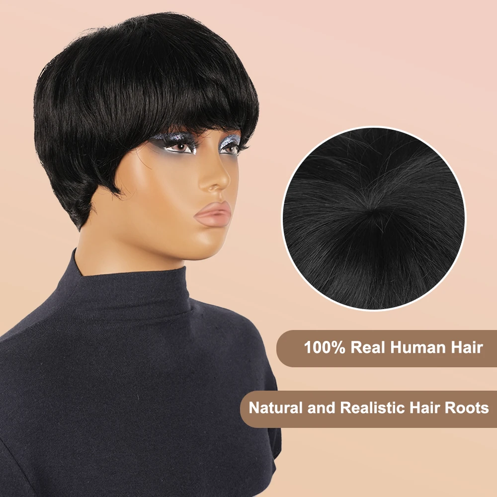 Короткий парик с стрижкой пикси. Прямые многослойные бразильские парики из человеческих волос с предварительно выщипанной челкой для женщин. Парик с машинной стрижкой.